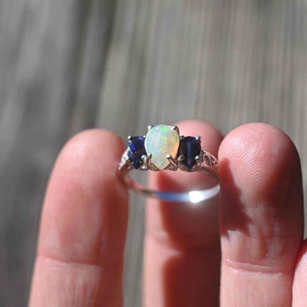 Engagement ring Black opal and Ethiopian opal  sterling silver size 3 4 5 6 7 8